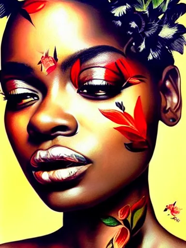 Image similar to portrait of an black woman with a floral background : : painted by artgerm, karol bak, artur bordalo, sandra chevrier : : portrait, character, illustration, hyperrealism, photorealism