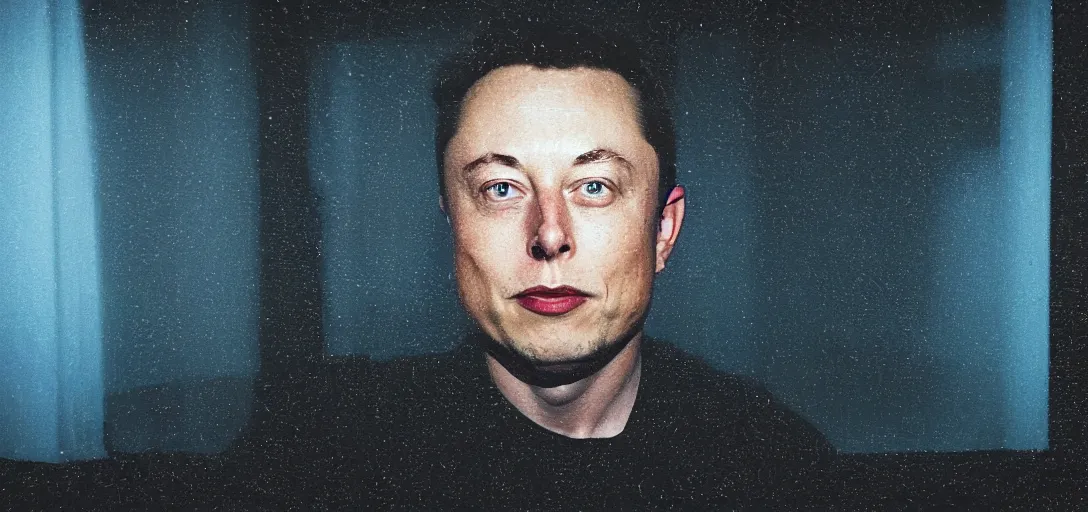 Image similar to dark photo of dark blue rainy bedroom window at night, dimly lit creepy face of elon musk staring in through the window, horror, scary face,