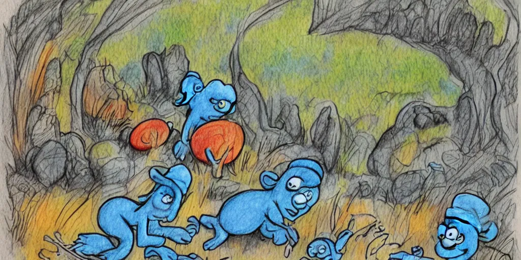 Image similar to smurfs found in snails with a sunrise and road landscape with lynxes and teeth in pen drawing style and pencil color