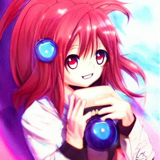 Image similar to anime girl holding cherry bomb, bomb fuse lit, flaming fuse, anime girl smiling, grinning, art by artgerm