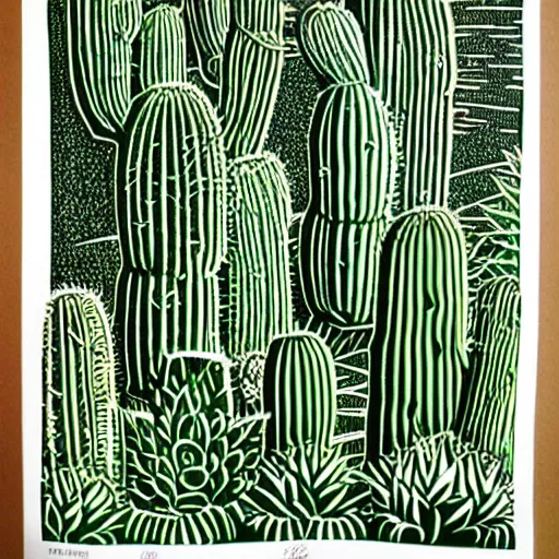 Prompt: Detailed, Linocut Art on paper of a beautiful field of cactus. Epic Latin American Linocut Art.