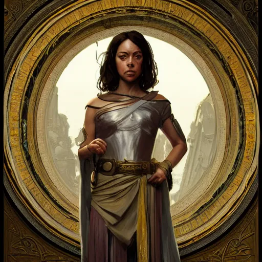 Prompt: Aubrey Plaza as a noble in the Roman period, intricate, highly detailed, digital painting, artstation, concept art, sharp focus, illustration, art by greg rutkowski and alphonse mucha