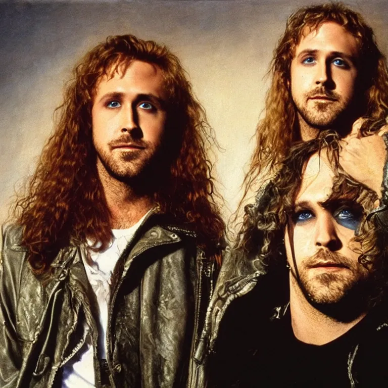 Image similar to Pre-Raphaelite portrait of Ryan Gosling as the leader of the cult 1980s heavy metal band \'Metallica\', with very long blond hair and grey eyes, high saturation