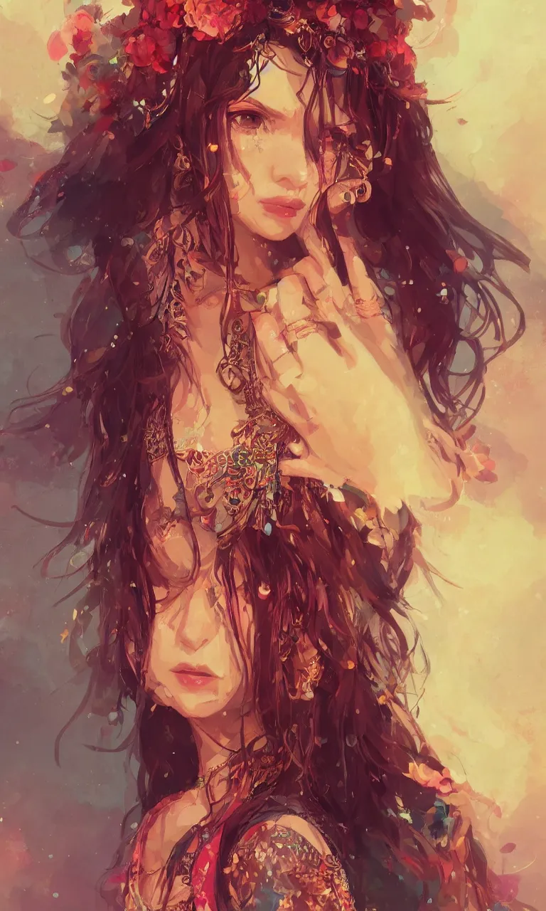 Image similar to a beautiful bohemian girl, look at the camera,intricate, highly detailed, digital painting, Pixiv, Artstation, official media, anime key visual, concept art, rich vivid colors, ambient lighting, sharp focus, illustration, art by WLOP