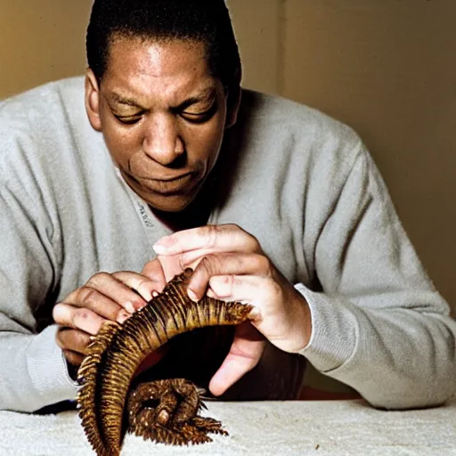 Image similar to john coltrane snuggling a giant mealworm
