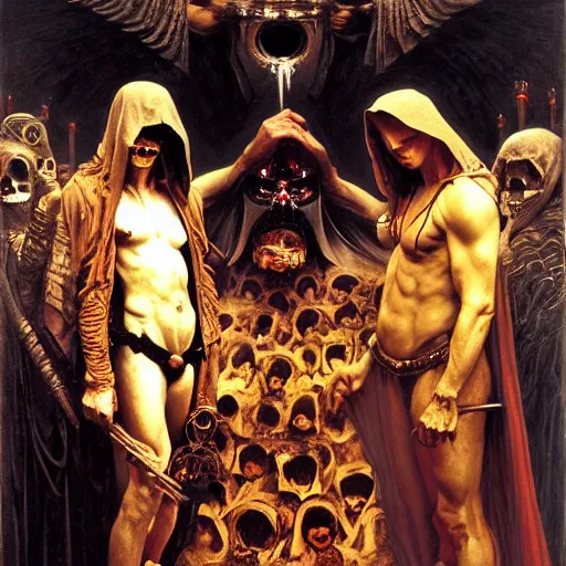 Prompt: dante's inferno, with people in black hooded tunic like in the film eyes wide shut of stanley kubrick, illuminati symbol, crows, skeletons, crosses, dark beauty, rotten gold, perfect faces. highly detailed painting by gaston bussiere and j. c. leyendecker 8 k