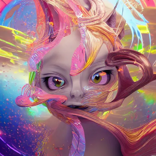 Prompt: Art by Andrew Chiampo, Frederik Heyman and Jonathan Zawada, a highly detailed digital art rendering and concept design of an anime AI catgirl elegantly positioned and entwined in popping colurful fluids, Fantasy, hyperrealism, 4k, volumetric lighting, three dimensions, a digitally altered world, user interface design, 3D modeling, illustration, and transportation design