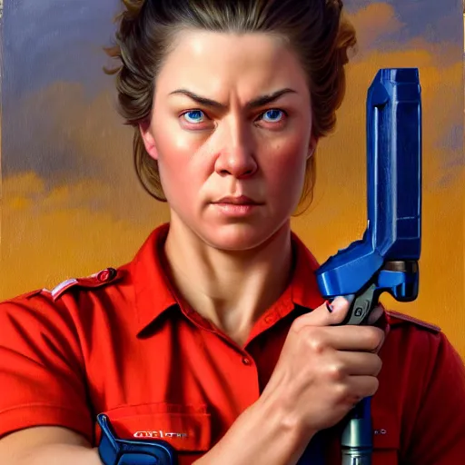 Image similar to epic portrait a slightly muscular woman wearing short sleeved uniform and carrying a red power tool drill, detailed, centered, digital painting, artstation, concept art, donato giancola, Joseph Christian Leyendecker, WLOP, Boris Vallejo, Breathtaking, 8k resolution, extremely detailed, beautiful, establishing shot, artistic, hyperrealistic, beautiful face, octane render