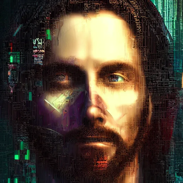 Image similar to glitch art of cyberpunk jesus h. christ trending on artstation deviantart pinterest photorealistic hd 8 k highlights and shadow detailed high resolution