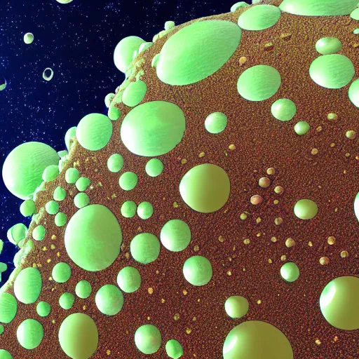 Prompt: surface of an alien planet with bubbly flora
