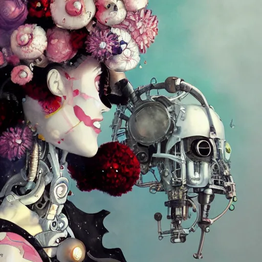 Image similar to surreal gouache painting, by yoshitaka amano, by ruan jia, by conrad roset, by good smile company, detailed anime 3 d render of a female mechanical android head with flowers growing out, portrait and white background, cgsociety, artstation, rococo mechanical costume and grand headpiece, dieselpunk atmosphere