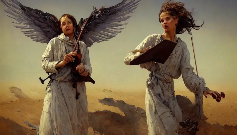 Prompt: angel with wings alone playing on a violin in the desert, oriental painting, sunny morning, russian oil painting, serov, surikov, vasnetsov, repin, kramskoi, paint texture, uplight, insanely detailed and intricate, high resolution, Charlie Bowater, Tom Bagshaw, Norman Rockwell, octane rendered, unreal engine, illustration, trending on artstation, masterpiece, 8k