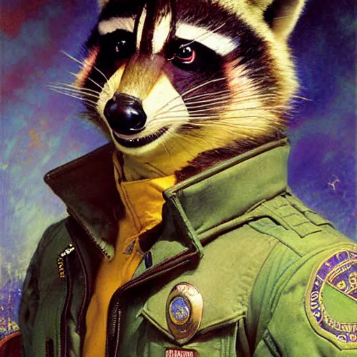 Image similar to portrait of a male rocket racoon in a police uniform. shadowrun furaffiniy cyberpunk fantasy highly detailed painting by gaston bussiere craig mullins jc leyendecker gustav klimt artgerm greg rutkowski john berkey, bergey, craig mullins, ruan jia, raymond swanland, jeremy mann, tom lovell, alex malveda