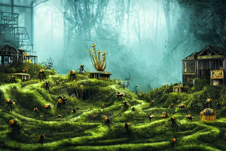 Image similar to elegance, favela garden honeybee hive, slime mold forest environment, industrial factory, spooky, award winning art, epic dreamlike fantasy landscape, ultra realistic,