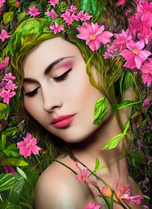 Image similar to a beautiful portrait of a beautiful woman with eyes closed in the jungle surrounded by pink flowers, face paintings, matte painting, fantasy art