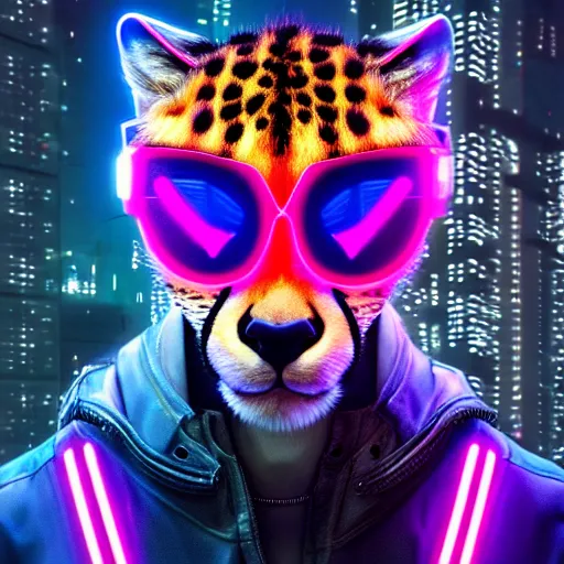 Image similar to a beautiful commission portrait of a male anthro cheetah wearing a neon jacket,futuristic,detailed face,mohawk,cyberpunk city,deviantart,artstation,art by greg rutkowski,ross tran,professional lighting,neon city,night,raytracing,highly realistic,4k,dramatic,hyperrealism,cinematic,low-angle ahot