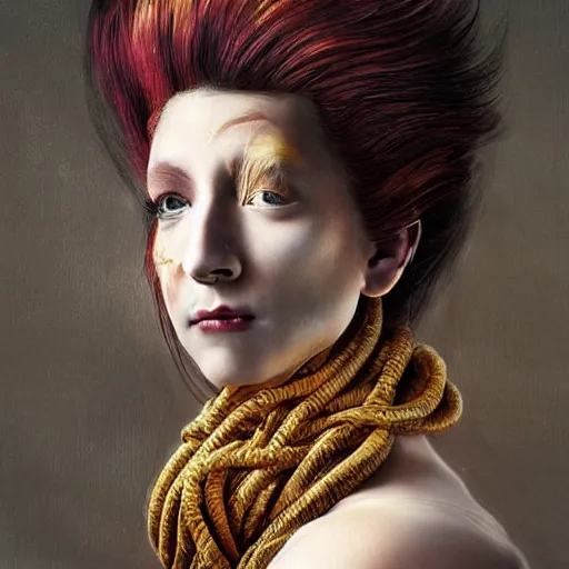 Prompt: portrait of a Shibari rope wrapped face and neck, headshot, insanely nice professional hair style, dramatic hair color, digital painting, of a old 18th century, Royal Emperor, amber jewels, baroque, Art Nouveaux, ornate clothing, scifi, realistic, hyper detailed, chiaroscuro, concept art, art by Franz Hals and Jon Foster and Ayami Kojima and Amano and Karol Bak,