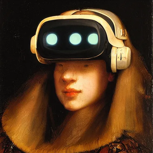 Prompt: renaissance portrait of cyberpunk girl in vr helmet by rembrandt,