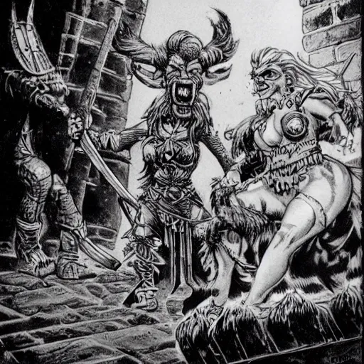 Prompt: a towering bugbear points victoriously at a cowering female human warrior, by Mike Ploog