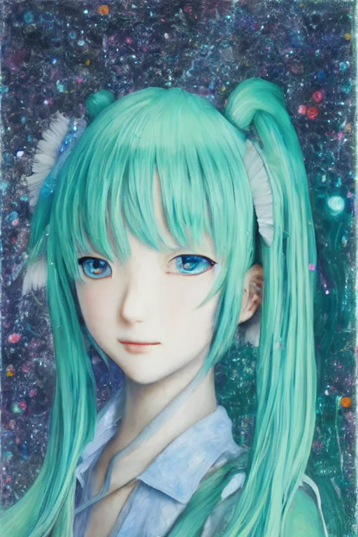 Prompt: A delicate, soft and highly detailed painting of Hatsune Miku with sparkly googly anime eyes, chiaroscuro, masterpiece painted by Claude monet, post-impressionism, thick impasto technique, paint-on-glass painting, pastel oil inks, very ethereal, vantablack chiaroscuro, paint-on-glass painting, oil inks, very ethereal, silver light, nacre colors