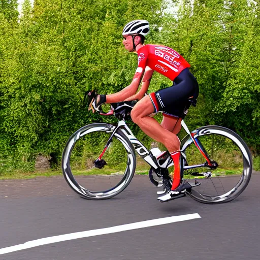 Image similar to modern road bicycle made from bacon, ridden at the champs elysees at the tour de france, high detail sports photography