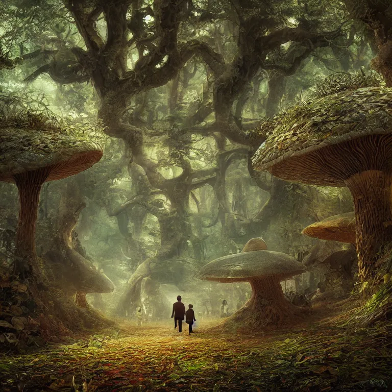 Prompt: a painting of a man and a child walking through a huge mushroom forest, a detailed matte painting by julian allen, cgsociety, fantasy art, matte painting, concept art, daz 3 d