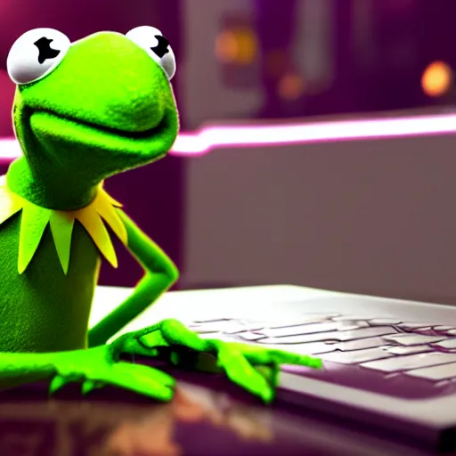Prompt: Kermit the frog as a computer hacker, cyberpunk unreal 4k neon muppet digital art