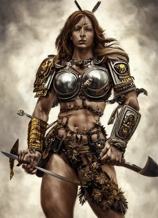 Image similar to portrait of a beautiful muscular maiden spartan with a sword and shield, wounds from battle, warhammer 40000, intricate, elegant, highly detailed, smooth, sharp focus, cinematic lighting, dramatic scene, illustration, art by stephen lau and artgerm in the style of Steven Kostic and greg rutkouwski,