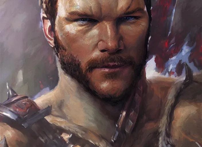 Image similar to a highly detailed beautiful portrait of chris pratt as kratos, by gregory manchess, james gurney, james jean