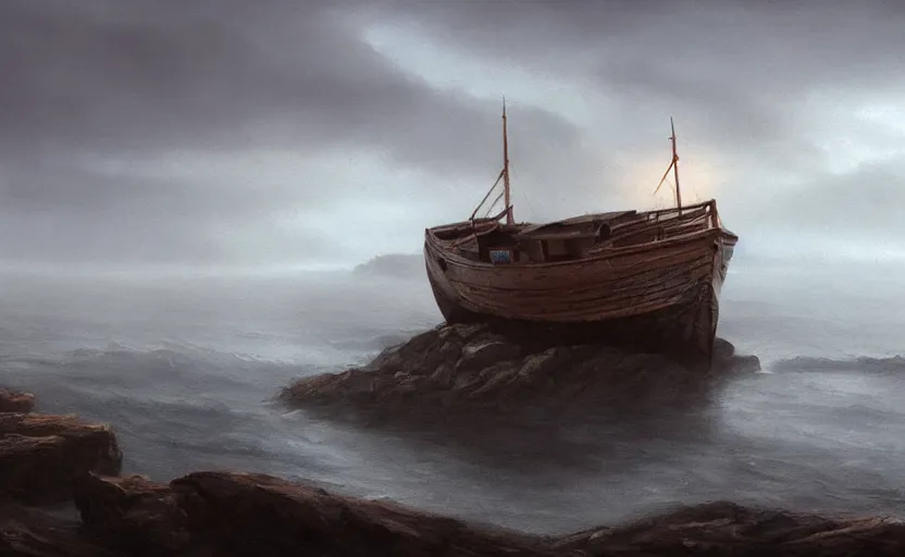 Image similar to old wooden fishing boat, directed by charlie kaufman ( 2 0 0 1 ) anamorphic lenses, a rocky shore in the foreground, foggy volumetric light morning, a beam of light from the heavens, cinematic trending on artstation in the style of greg rutkowski