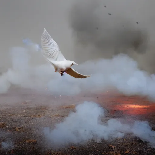 Prompt: photograph of a white dove flying through a warzone smoke bombs explosions in background