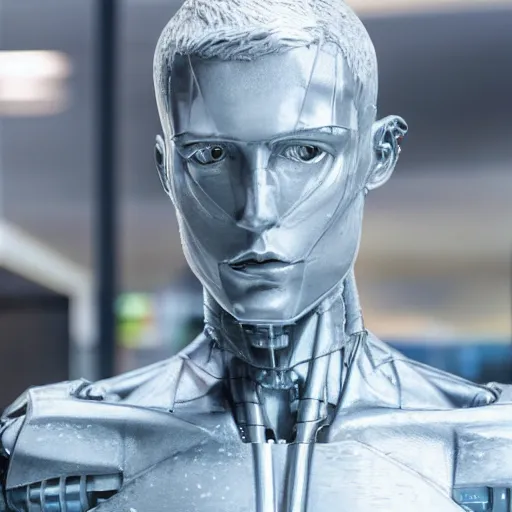 Image similar to a realistic detailed photo of a guy who is an attractive humanoid who is half robot and half humanoid, who is a male android, french actor cyril gossbo, shiny skin, posing like a statue, blank stare, by the pool, on display, showing off his muscles, humanoid robot, frozen ice statue