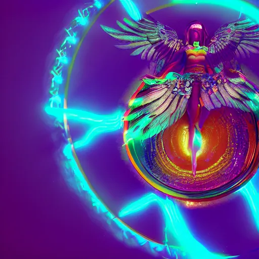 Prompt: still of rainbow circular orphanim, seraphim, wings, giant eyeball, mythological, 8 k, octane render, 3 5 mm, amazing details, beautiful composition