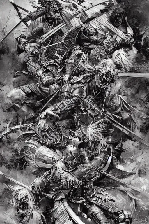 Prompt: hyper detailed illustration of a samurai battle by Kev Walker, simon bisley and paolo parente