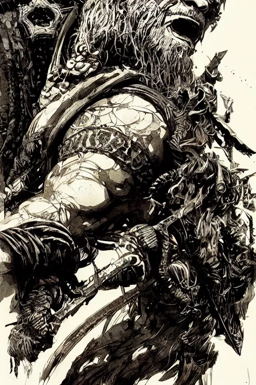 Image similar to Portrait of male dnd barbarian, pen and ink, intricate line drawings, by John Harris, Emil Melmoth, Craig Mullins, yoji shinkawa , artstation, moebius comic, Marc Simonetti, Ian McQue, Kentaro Miura, hyper detailed, cinematic