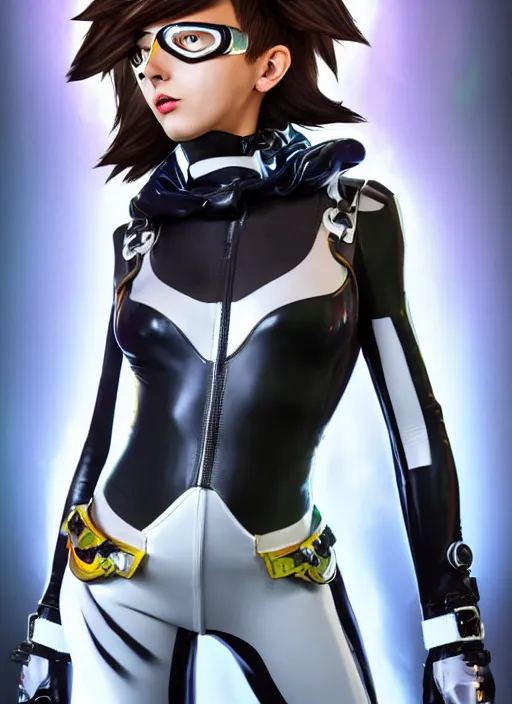 Image similar to portrait bust digital artwork of tracer overwatch, wearing white iridescent rainbow latex and leather straps catsuit outfit, 4 k, expressive happy smug expression, makeup, in style of mark arian, angel wings, wearing detailed black leather collar, chains, black leather harness, detailed face and eyes,