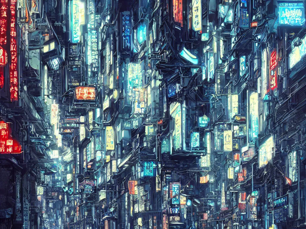 Prompt: realistic painting of an ordered and elegant alleyway of a cyberpunk city, concept art, technological screens, cyberpunk ads, hieroglyphic signs, computation, intricate detail, polished, noriyoshi ohrai and edward hopper and tsutomu nihei, blue color scheme, realism, hd wallpaper, wide angle, trending on artstation