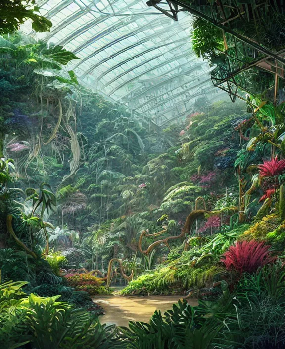 Prompt: an enormous conservatory greenhouse exterior, overgrown with exotic fungus, overgrown with huge ferns, cliff side, noon, sun drenched, partly cloudy, by dan mumford, yusuke murata, makoto shinkai, ross tran, cinematic, unreal engine, cel shaded, featured on artstation, pixiv