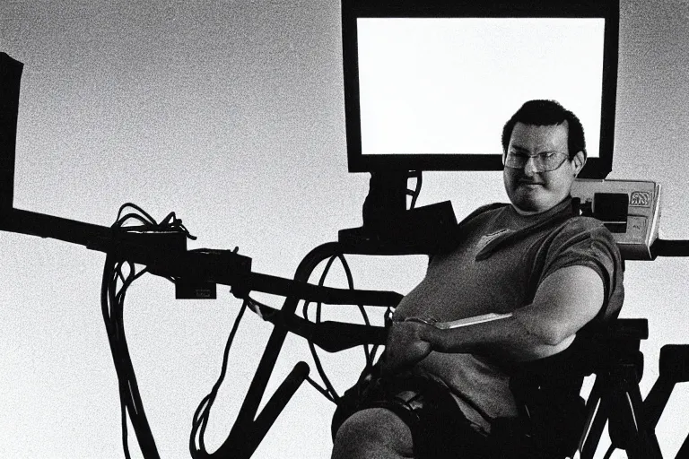 Image similar to large man with a robot arm sitting in a gamer chair, from 1999, bathed in the glow of a crt television, crt screens in background, low-light photograph, in style of terry richardson