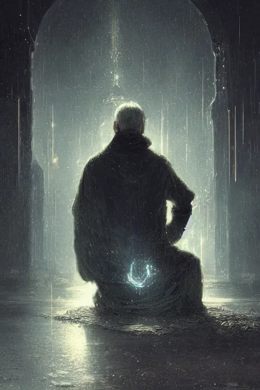 Prompt: lonely man sitting at lap praying, lit by the sparkles of thundestorm, abandoned by gods, hyperdetailed artstation cgsociety by greg rutkowski and by Gustave Dore
