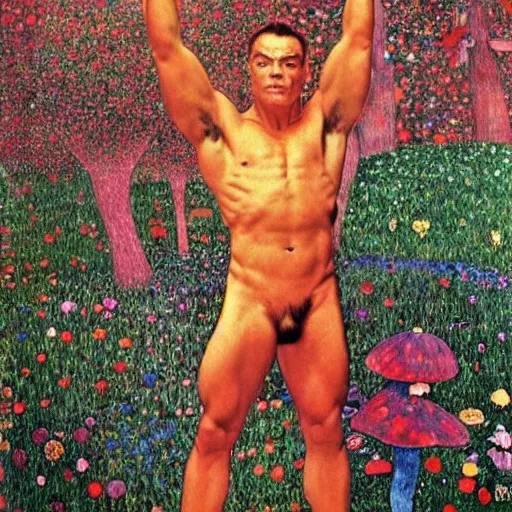 Prompt: a masterpiece full body portrait of jean Claude van Damme doing martial arts in an enchanted mushroom forest, by gustav klimt and nobuyoshi araki and Salvador dali and Leonardo da Vinci