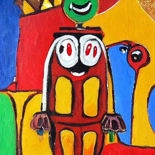 Prompt: a screwdriver with a happy face standing in the middle of a moroccan bazaar, high detail, oil painting