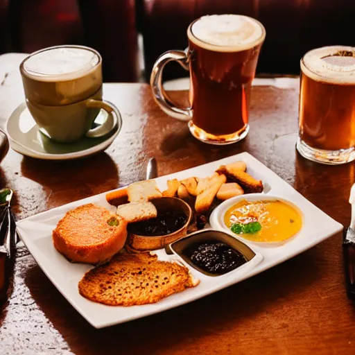 Prompt: a very detailed photo of a full irish breakfast on a wood table in a cosy irish pub