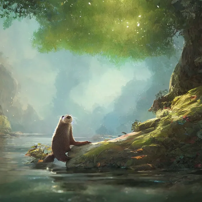 Prompt: a painting of a cute otter at a river. character design by cory loftis, fenghua zhong, ryohei hase, ismail inceoglu and ruan jia. volumetric light, detailed, rendered in octane