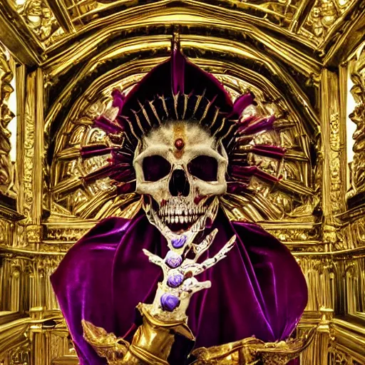 Image similar to photorealistic still portrait photograph of ainz looking at the camera, overlord, regal purple gold robe, large red shoulder rubies, depth of field, soft focus, highly detailed, intricate, realistic, national geographic cover, textured detailed skeleton, professional archeological photograph