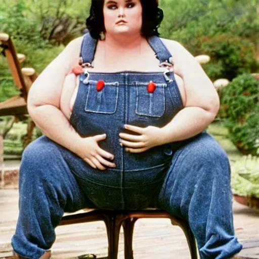 Prompt: demi - moore as a very fat woman, wearing overalls