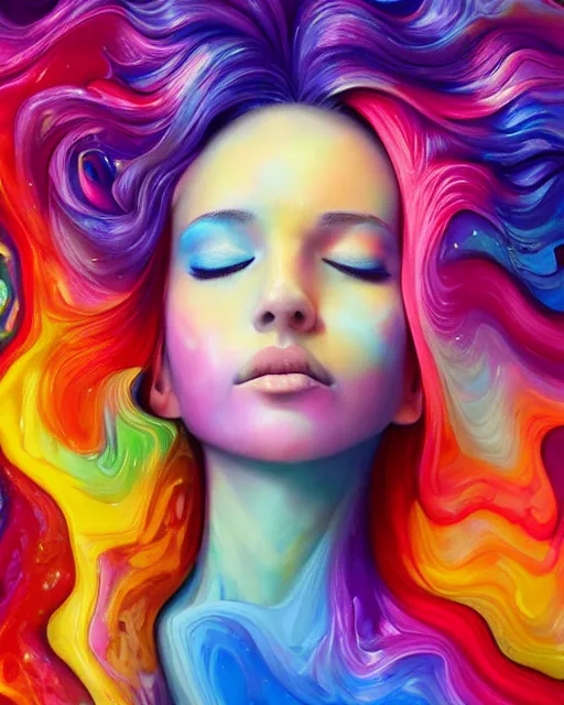Prompt: a realistic colorful acrylic pour flow painting of a iridescent - haired woman with her eyes closed, girl sleeping on a bed of flowers, digital art by rhads, lisa frank, clint cearley, trending on artstation, psychedelic art, psychedelic, metaphysical, vibrant colors, mystical, digital illustration