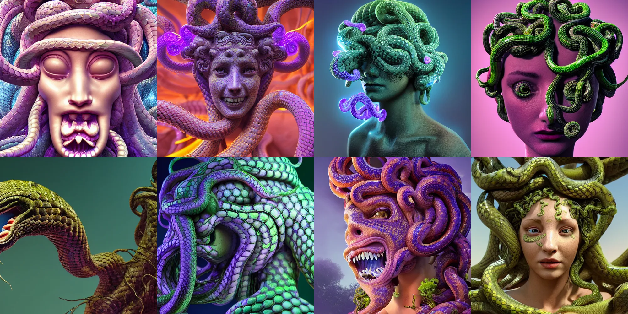 Prompt: beautiful medusa gorgon head highly detailed snakes, beautiful flowers growing, cosmic horror, ghostly, arcade, duotone, poltergeist, epic lighting, intricate, elegant, smooth, sharp focus, photo real, ultra realistic, unreal engine 5, raytracing, in the style of beeple and mike winkelmann, ultraviolet colors,
