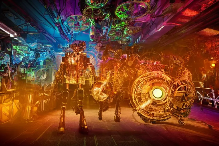 Prompt: scene is flower power party in pacha in ibiza, portrait photo of a giant huge golden and blue metal steampunk robot, with gears and tubes, eyes are glowing red lightbulbs, shiny crisp finish, 3 d render, 8 k, insaneley detailed, fluorescent colors, haluzinogetic, background is multicolored lasershow