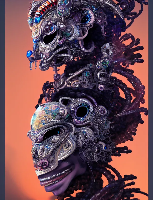 Image similar to 3 d goddess cyborg close - up profile portrait with ram skull. beautiful intricately detailed japanese crow kitsune mask and clasical japanese kimono. betta fish, jellyfish phoenix, bio luminescent, plasma, ice, water, wind, creature, artwork by tooth wu and wlop and beeple and greg rutkowski